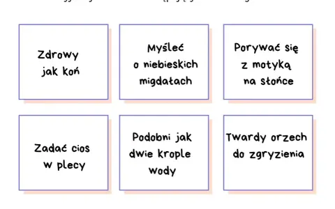 Zestawienie frazeologizmów: "zdrowy jak koń", "myśleć o niebieskich migdałach", "porywać się z motyką na słońce", "zadać cios w plecy", "podobni jak dwie krople wody", "twardy orzech do zgryzienia".