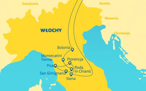 Mapa Włoch z zaznaczoną trasą przez Toskanię: Bolonia, Florencja, Siena, San Gimignano, Piza, Montecatini Terme.