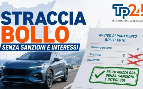 Auto blu su strada, con testo "STRACCIA BOLLO SENZA SANZIONI E INTERESSI". Avviso di pagamento bollo auto con sanzioni e interessi cancellati. Cosa succede se non si paga il bollo auto?