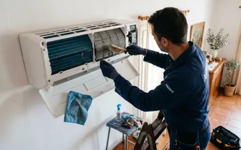 Técnico realiza revisión de aire acondicionado, limpiando filtros con cepillo.