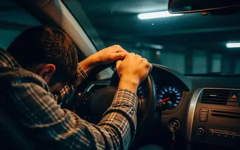 Mann mit Kopf auf Lenkrad, verzweifelt. Fahren ohne Versicherungsschutz strafe droht. Dunkle Garage, gedämpftes Licht.