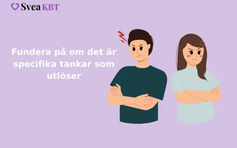Två arga personer med armarna i kors. Texten lyder: "Fundera på om det är specifika tankar som utlöser". En påminnelse från Svea KBT om att identifiera tankemönster.