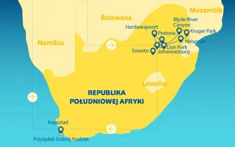 Mapa pokazuje Republikę Południowej Afryki, Botswanę, Namibię i Mozambik. Lesotho leży na południe od Johannesburga, otoczone przez RPA.