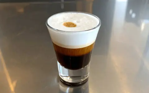 Kawa caffe coretto w szklance, z warstwami ciemnego espresso i białej pianki, ozdobiona złotą kropką.