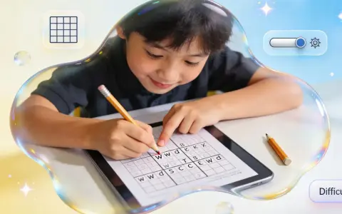 Bambino concentrato mentre cerca di crea crucipuzzle online su un tablet.
