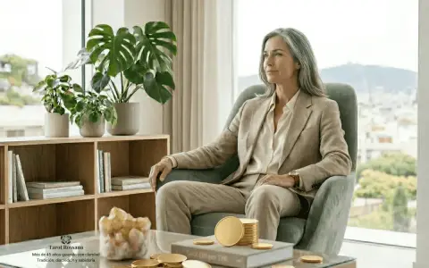 Una mujer elegante, como una reina de oros tarot amor, reflexiona sentada en un sillón, rodeada de plantas y monedas doradas.