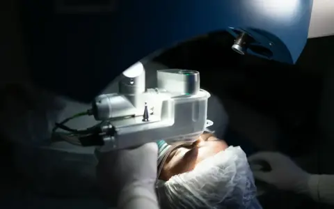 Chirurgiczna procedura z użyciem specjalistycznego sprzętu, który może być stosowany do zabiegów takich jak witrektomia. Pacjent w czepku i rękawiczkach.