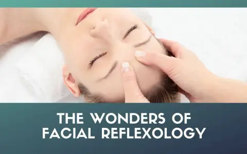 A close-up of a woman's face as gentle fingers perform facial reflexology, promoting relaxation and well-being.