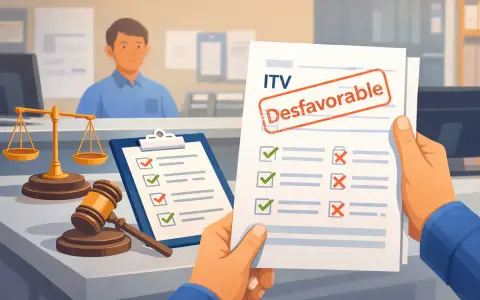 Man holds a document with a stamped "ITV Desfavorable". Scales of justice and a gavel suggest a legal or regulatory issue.