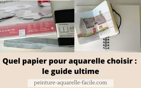 Blocs de papier et carnet de croquis ouverts sur une aquarelle. Le texte suggère : quel papier pour aquarelle choisir pour un guide ultime.