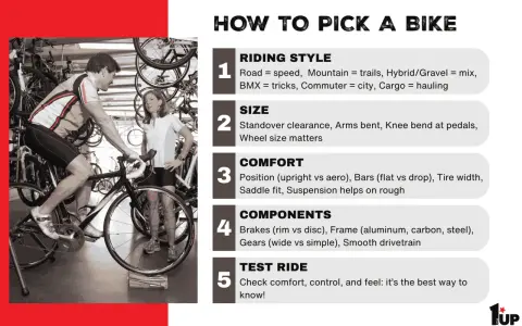 A man is trying out a mountain bike in a shop, with a woman looking on. The image is part of a guide on "How to Pick a Bike.