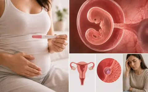 Ciąża: test pozytywny, zarodek w 7 tygodniu, macica, implantacja i kobieta z bólem głowy.