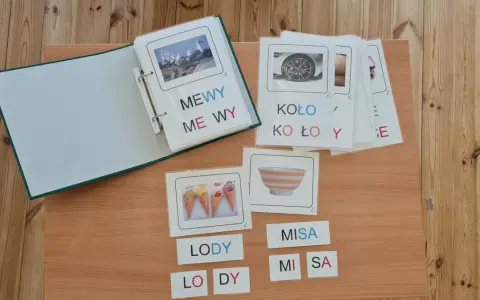 Karty edukacyjne z literami i obrazkami: mewy, koło, lody, misa. Dzieci uczą się czytać, składając wersaliki.