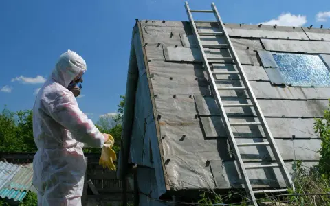 Osoba w kombinezonie ochronnym przygotowuje się do prac związanych ze składowaniem eternitu na posesji. Drabina oparta o dach pokryty eternitem.