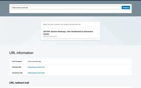 Post Inspector zeigt, was sind Meta Daten für die URL sistrix.de. URL-Infos & Redirect-Trail.