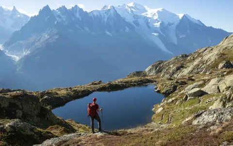 Widok na wejście na Mont Blanc. Turysta z plecakiem i kijkami stoi nad górskim jeziorem, podziwiając ośnieżone szczyty.