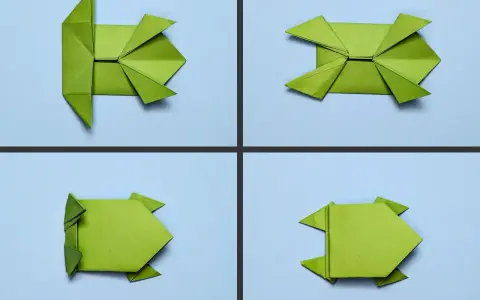 Schritt-für-Schritt-Anleitung für einen Frosch zum Falten. Ideal für Kindergartenkinder, um Origami zu lernen.
