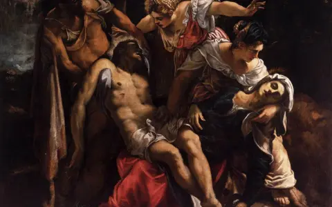 Des œuvres d'art du Tintoret : la descente de croix, avec le Christ mort soutenu par des femmes et des hommes.