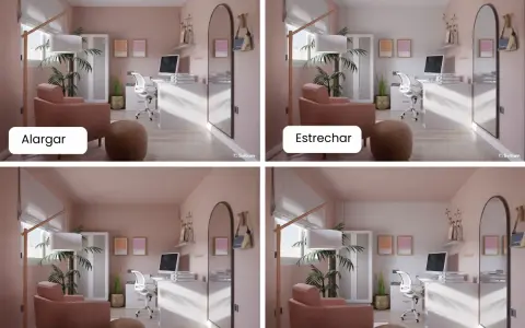 Cuatro vistas de una habitación con paredes y techos pintados del mismo color rosa pálido. Cada vista muestra un efecto diferente: alargar, estrechar, compactar y destacar.