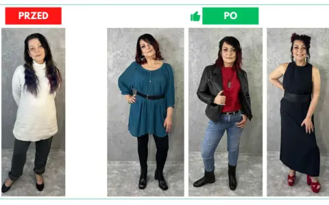 Kobieta prezentuje cztery stylizacje. Pierwsza to luźny sweter i spodnie. Kolejne to sukienka, jeansy z ramoneską i czerwonym topem, oraz czarna sukienka maxi. Widać, jak zmienia się jej sylwetka.
