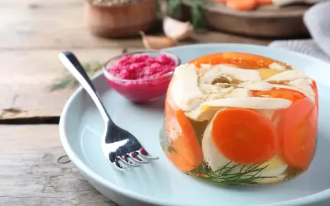 Pyszne galareta z kurczakiem i warzywami, idealna jako alternatywa co na obiad zamiast rosołu. Podana z chrzanem.