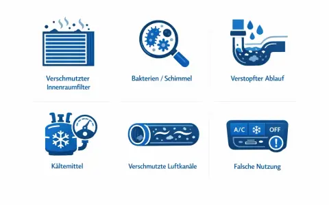 Icons zeigen Probleme mit der Klimaanlage: verschmutzter Filter, Bakterien, verstopfter Ablauf, Kältemittel, schmutzige Kanäle und falsche Nutzung. Klimaanlagen Desinfektion Auto ist wichtig.