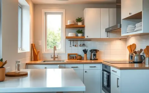 Aménagement petite cuisine 4m2 : évier, plaque cuisson, four, rangements blancs et étagères en bois. Lumineux et fonctionnel.