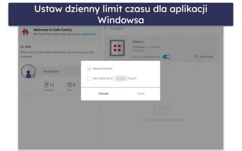 Ustawienia kontroli rodzicielskiej Windows: okno dialogowe pozwala na ustawienie dziennego limitu czasu dla aplikacji Steam lub zezwolenie na dostęp na stałe.