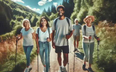 Grupa przyjaciół cieszy się spacerem z kijkami. Nordic walking to świetny sposób na spalanie kcal i poprawę kondycji na łonie natury.