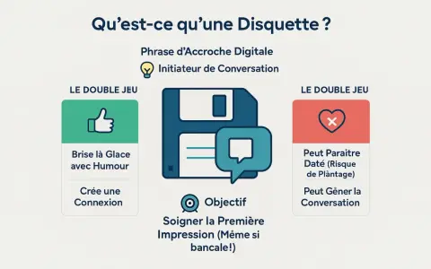 Une disquette, phrase d'accroche digitale pour briser la glace avec humour et créer une connexion. Attention, cela peut paraître daté, un vrai risque de plantage pour la conversation !