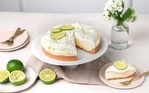 Un cheesecake au citron vert, garni de crème fouettée et de fines tranches de citron vert. Le fromage idéal pour un cheesecake est crémeux et légèrement acidulé.