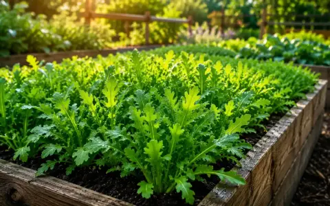 Rucola in vaso, rigogliosa e verde brillante, baciata dal sole del mattino in un orto rialzato.