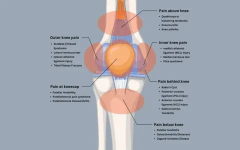 Diagram showing knee pain locations and causes. Excessive spinning can be bad for your knees, leading to issues like IT band syndrome or meniscus tears.