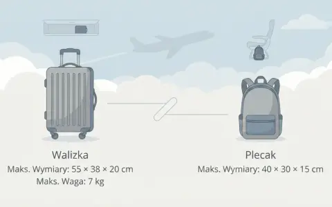 Co to znaczy walizka kabinowa? Ilustracja porównuje wymiary walizki (55x38x20 cm, 7 kg) i plecaka (40x30x15 cm) na tle samolotu i chmur.