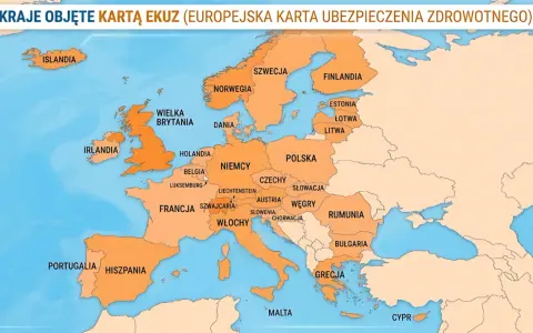 Mapa Europy z zaznaczonymi krajami, gdzie karta EKUZ daje dostęp do opieki medycznej. Podróżuj bezpiecznie!