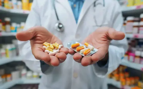 Farmaceuta trzyma w dłoniach tabletki i kapsułki w blistrze.
