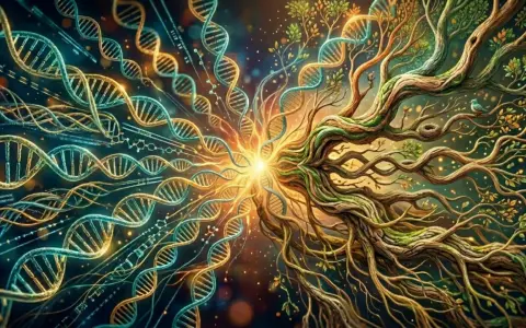 Doppia elica DNA si fonde con albero della vita, un'esplosione di luce simboleggia il cervello borderline, dove scienza e natura si intrecciano.