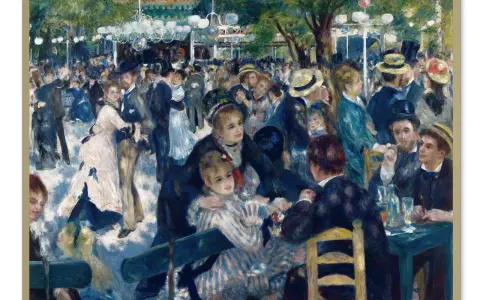 Tłum ludzi bawi się na świeżym powietrzu, tańcząc i siedząc przy stolikach. Widać radosną atmosferę balu w Moulin de la Galette.