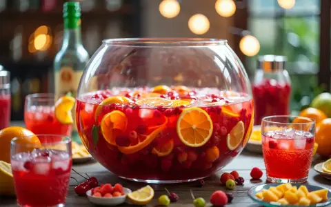 Un grand bol de punch fruité rouge avec des tranches d'orange et des baies, parfait pour une recette punch simple.