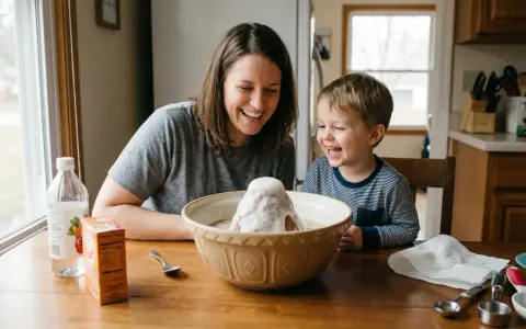 Mama i syn śmieją się, obserwując wulkan z piany podczas eksperymentów z sodą.