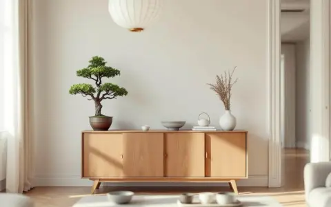 Un salon à l'inspiration japonaise avec un buffet en bois clair, un bonsaï, des vases et une lanterne.