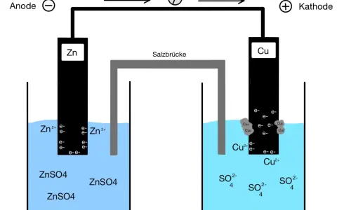Galvanische Zelle: Zink-Anode und Kupfer-Kathode. Elektronen fließen von Zink zu Kupfer, was die Nernst-Gleichung beschreibt.