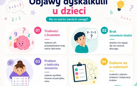 Objawy dyskalkulii u dzieci: trudności z liczeniem, brak rozumienia działań, problem z tabliczką mnożenia, gubienie się w zadaniach. Test na dyskalkulię.