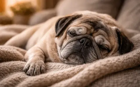 Smutny mops, jak umiera pies chory na serce, odpoczywa na ciepłym kocu.