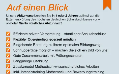Online Abitur: Flexibler Quereinstieg, staatlicher Schulabschluss in 1-2 Jahren. Intensive Vorbereitung, Beratung, Erfahrung.