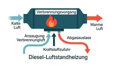 Schema zeigt, wie funktioniert eine Standheizung im Auto: Kalte Luft wird angesaugt, verbrannt und als warme Luft ausgeblasen. Kraftstoff wird zugeführt.