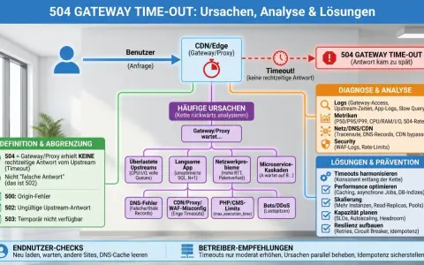 Diagramm zeigt Ursachen & Lösungen für 504 Gateway Time-Out. Analyse von Logs, Metriken und Netzwerk hilft bei der Fehlerbehebung.