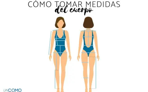 Ilustración de cómo tomar medidas del cuerpo, mostrando un frente y una vista trasera de una figura femenina con líneas que indican dónde medir.