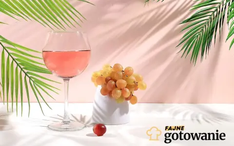 Szklanka z różowym napojem, kiść jasnych winogron i pojedyncze czerwone winogrono. W tle liście palmowe i różowa ściana.