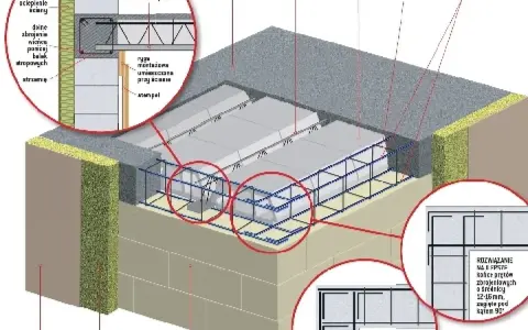 Szczegółowy przekrój przez budynek, ukazujący konstrukcję stropu z pustakami szalunkowymi i zbrojeniem, tworząc wieniec stropowy.